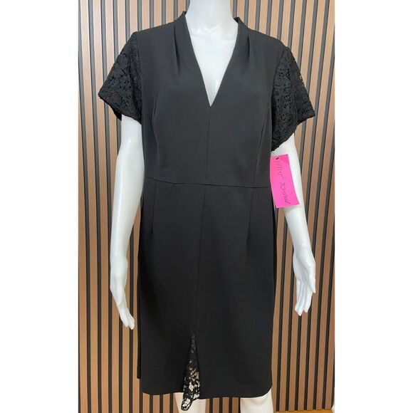Betsey Johnson Women's Dress Shift Mini Lace Detail Scuba Crepe V-Neck 16 Black - Picture 1 of 9
